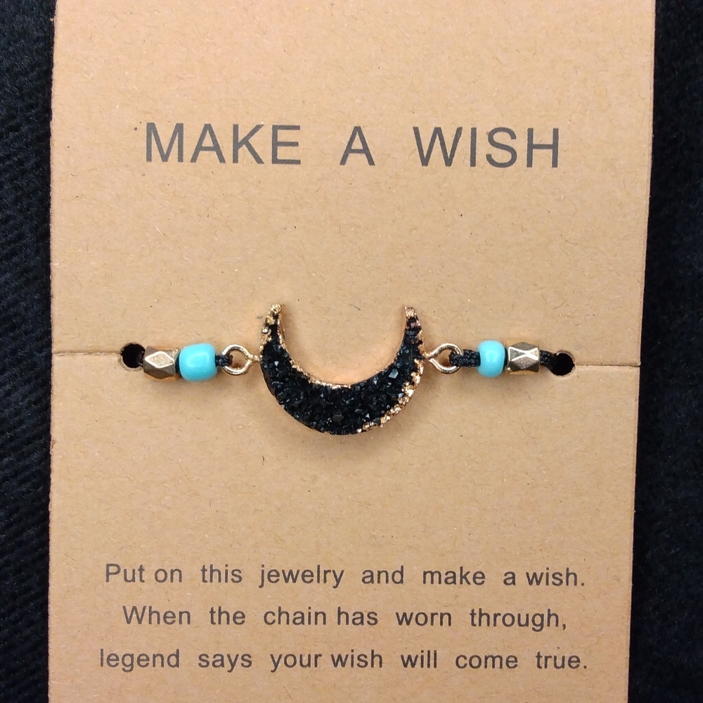 Black Druzy Crescent Moon Wish Bracelet